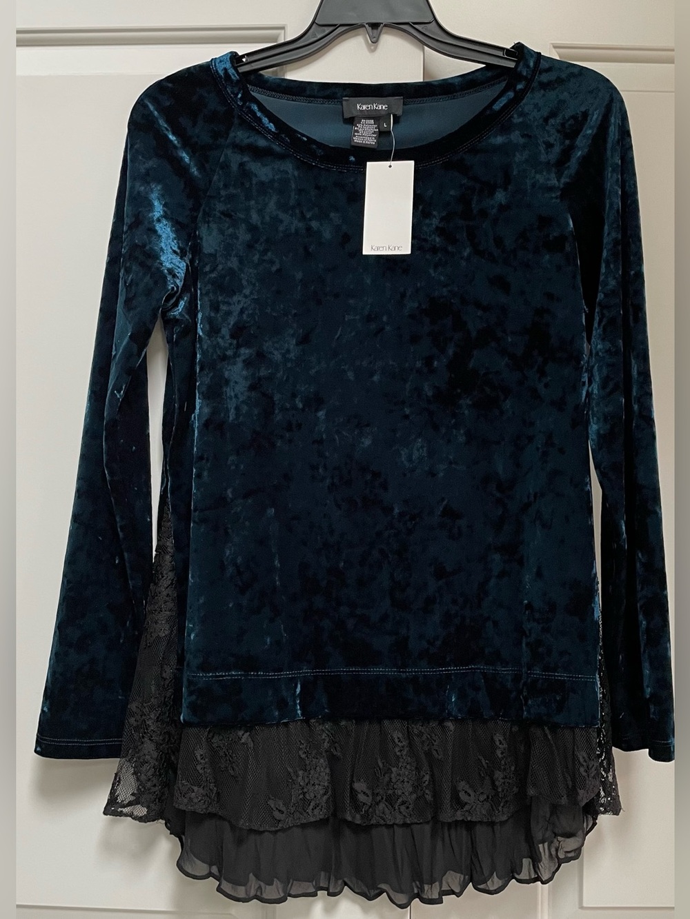 NWT Karen Kane Teal Crushed Velvet Tunic Lace Chiffon Hem Top Large Fall Holiday